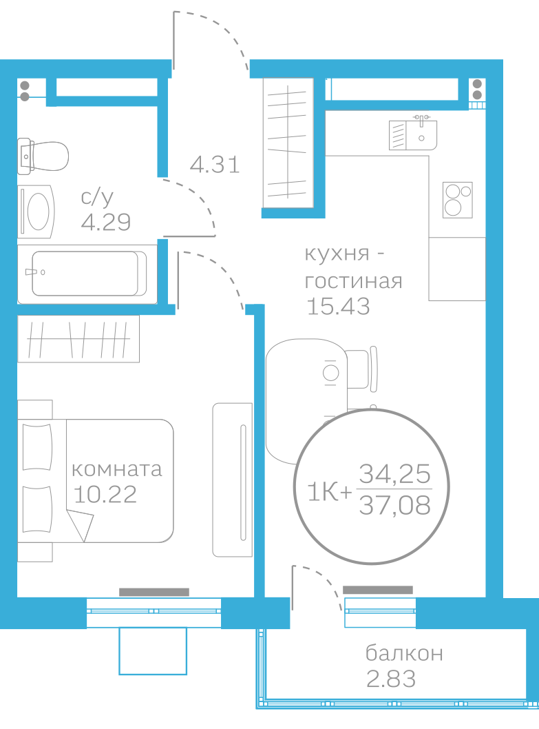 1-комнатная 34.2 м2 в ЖК Первая Линия. Пляж корпус null этаж 3