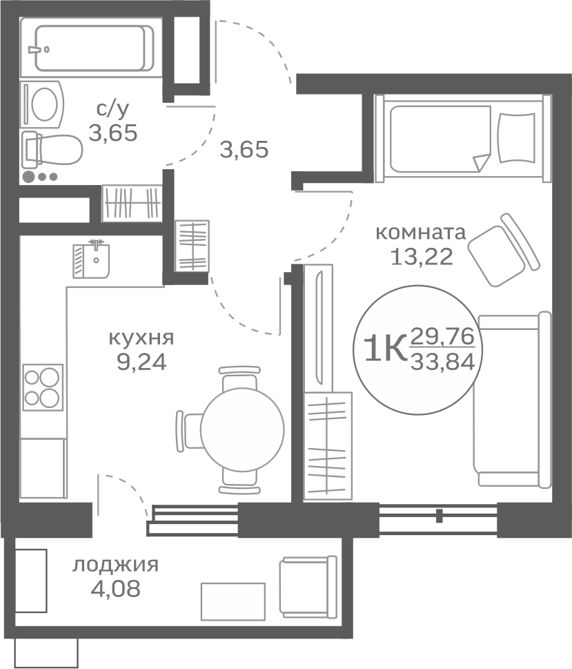 1-комнатная 29.8 м2 в ЖК Меридиан Юг корпус null этаж 11