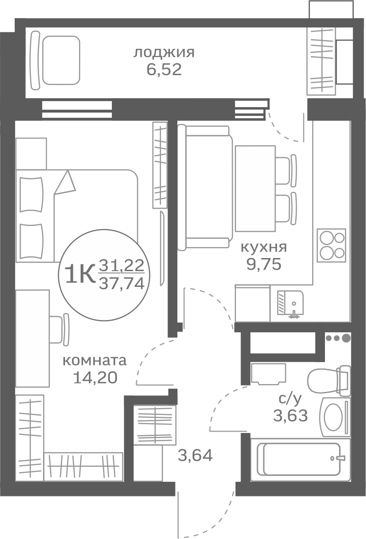 1-комнатная 31.2 м2 в ЖК Меридиан Юг корпус null этаж 3