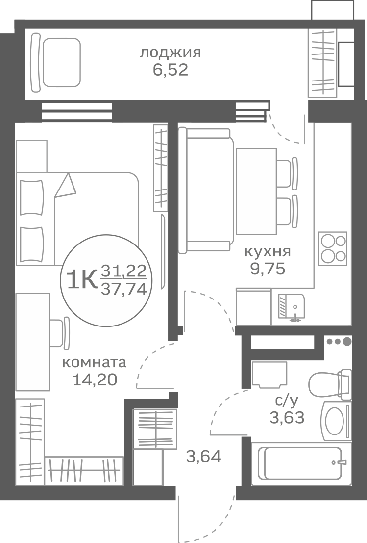 1-комнатная 31.2 м2 в ЖК Меридиан Юг корпус null этаж 14