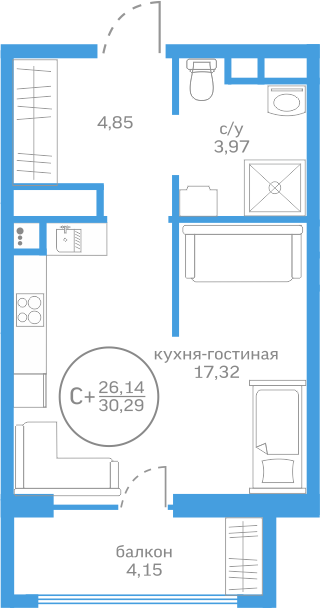 Студия 26.1 м2 в ЖК Меридиан Запад корпус null этаж 11
